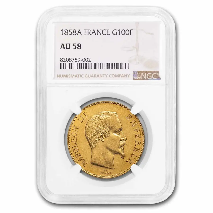 1858-A France Gold 100 Francs Napoleon III AU-58 NGC